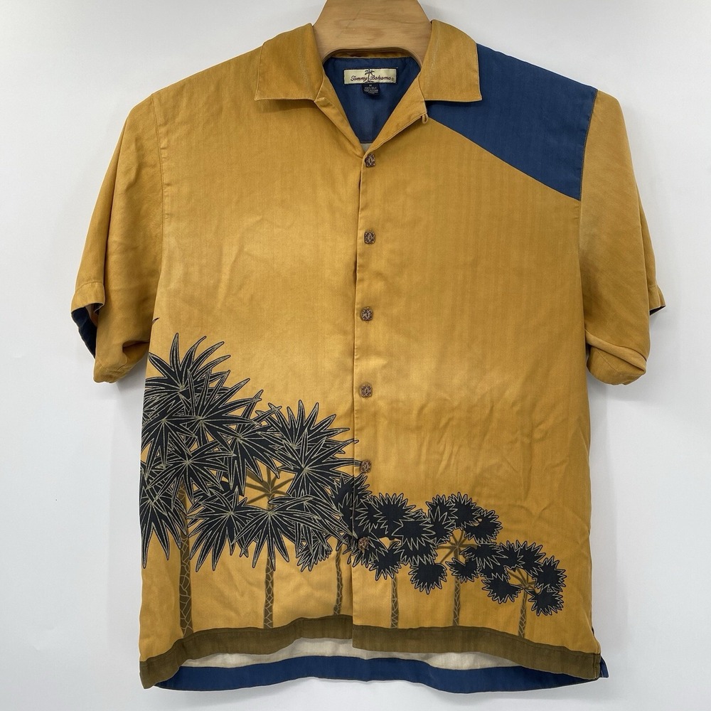 Tommy Bahama Shirt Mens Medium Yellow Silk Palm Tree Graphic Short Sleeve Button